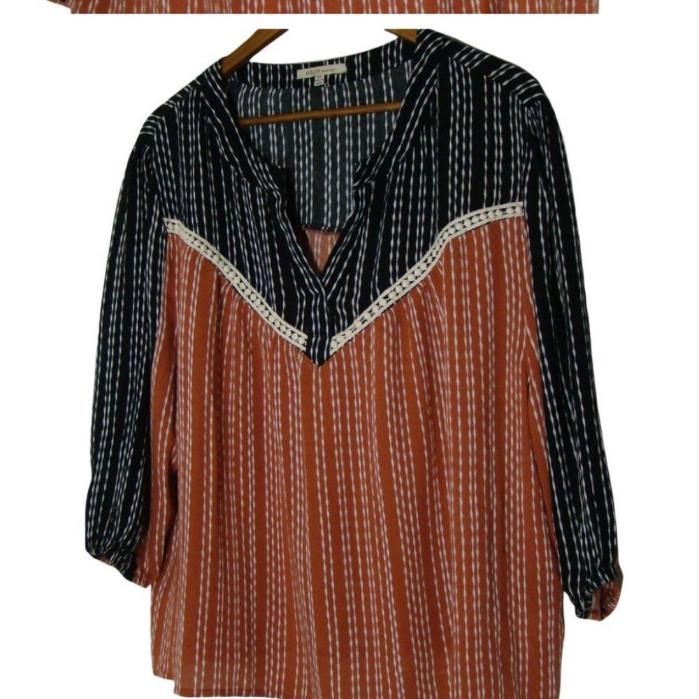 Cozy Casual Boho Flowy Blouse Split Neckline 3/4 Sleeve